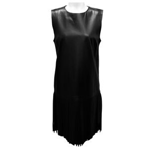 YVES SALOMON BLACK FRINGED HEM SLEEVELESS LAMB LEATHER DRESS